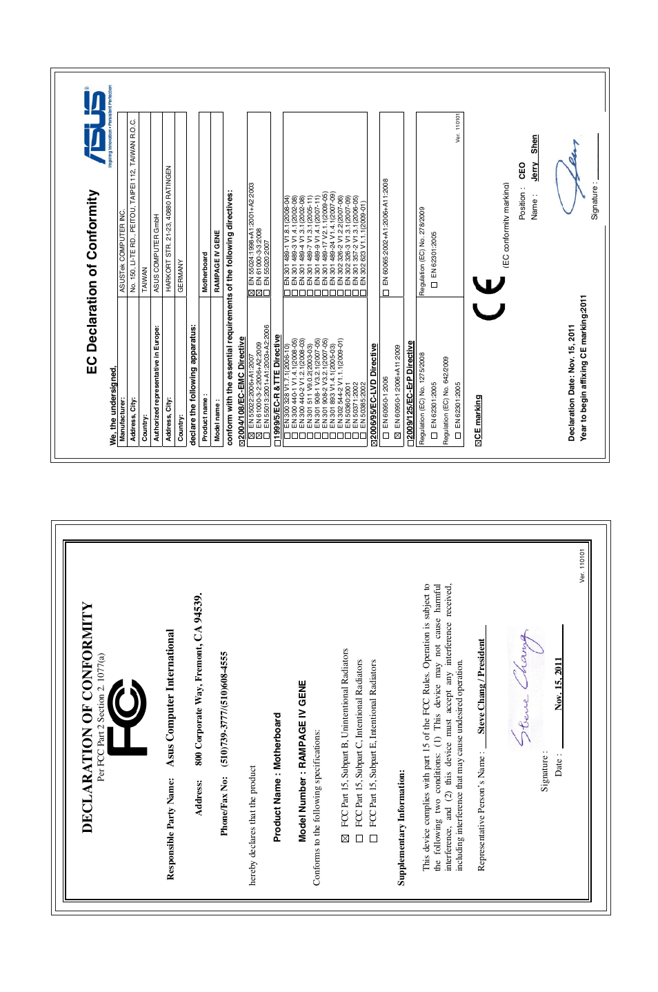 Declaration of conformity, Ec declaration of conformity, As us c om pu te r i nt er na tio na l | Asus RAMPAGE IV GENE User Manual | Page 172 / 172