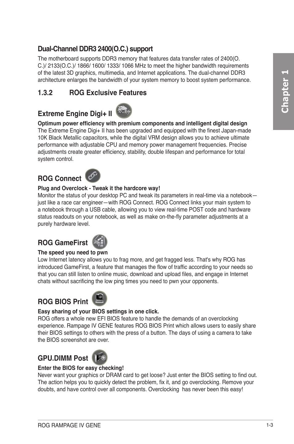 Rog exclusive features -3, Chapter 1, 2 rog exclusive features extreme engine digi+ ii | Rog connect, Rog gamefirst, Rog bios print, Gpu.dimm post | Asus RAMPAGE IV GENE User Manual | Page 21 / 172