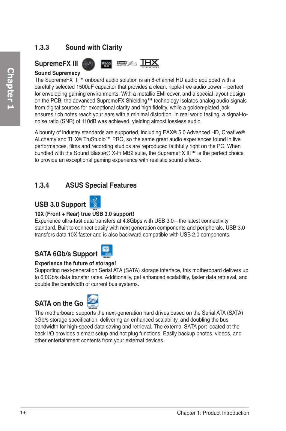 Sound with clarity -6, Asus special features -6, Chapter 1 | Asus RAMPAGE IV GENE User Manual | Page 24 / 172