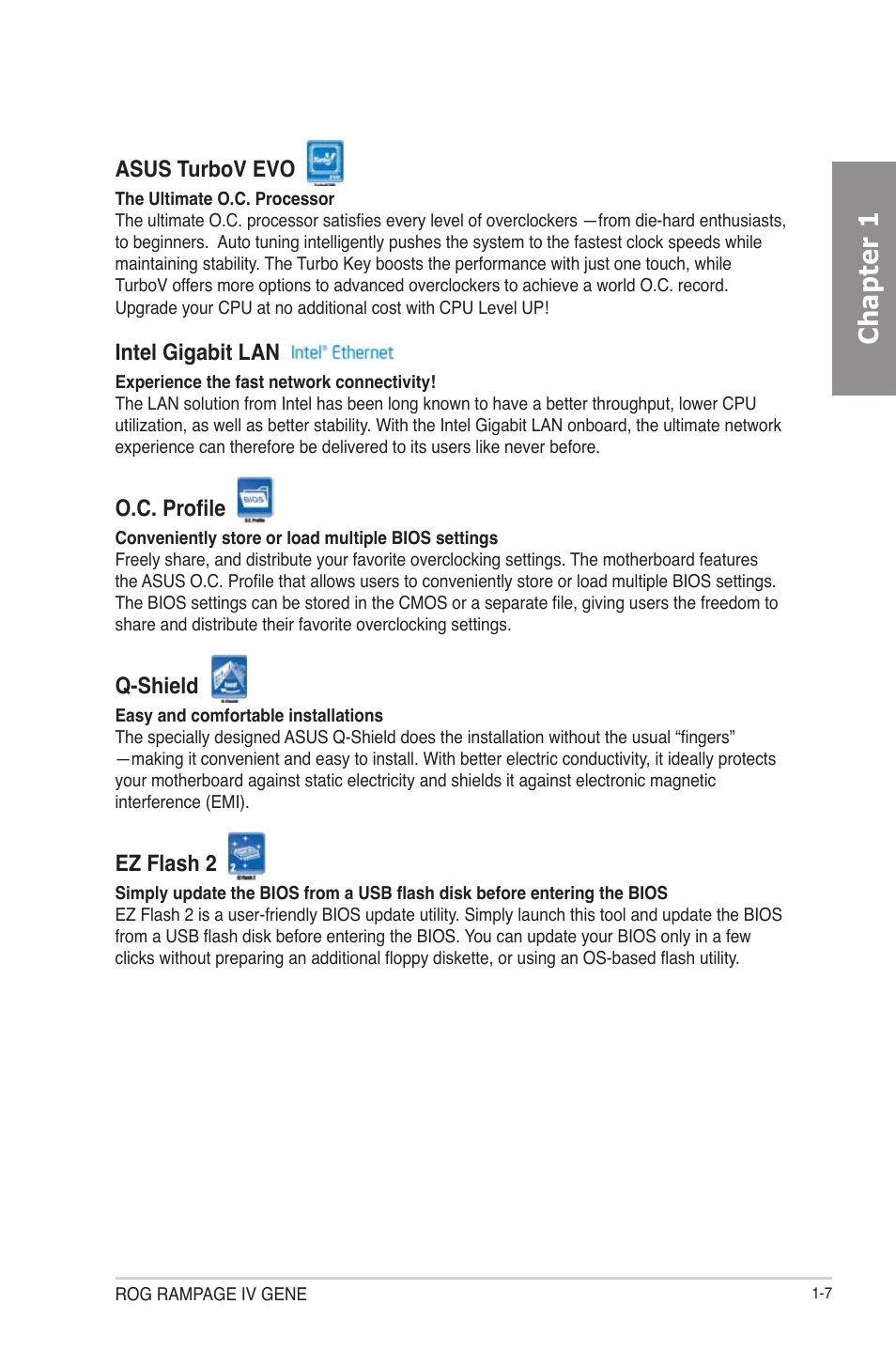 Chapter 1, Asus turbov evo, Intel gigabit lan | O.c. profile, Q-shield, Ez flash 2 | Asus RAMPAGE IV GENE User Manual | Page 25 / 172