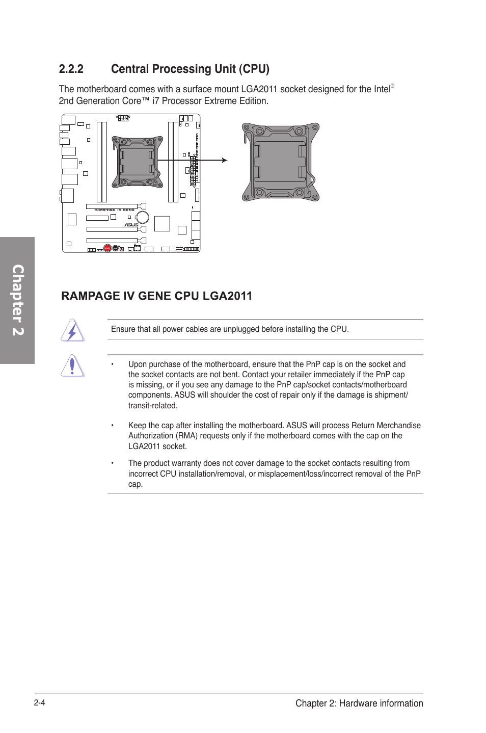 Central processing unit (cpu) -4, Chapter 2, 2 central processing unit (cpu) | Asus RAMPAGE IV GENE User Manual | Page 30 / 172