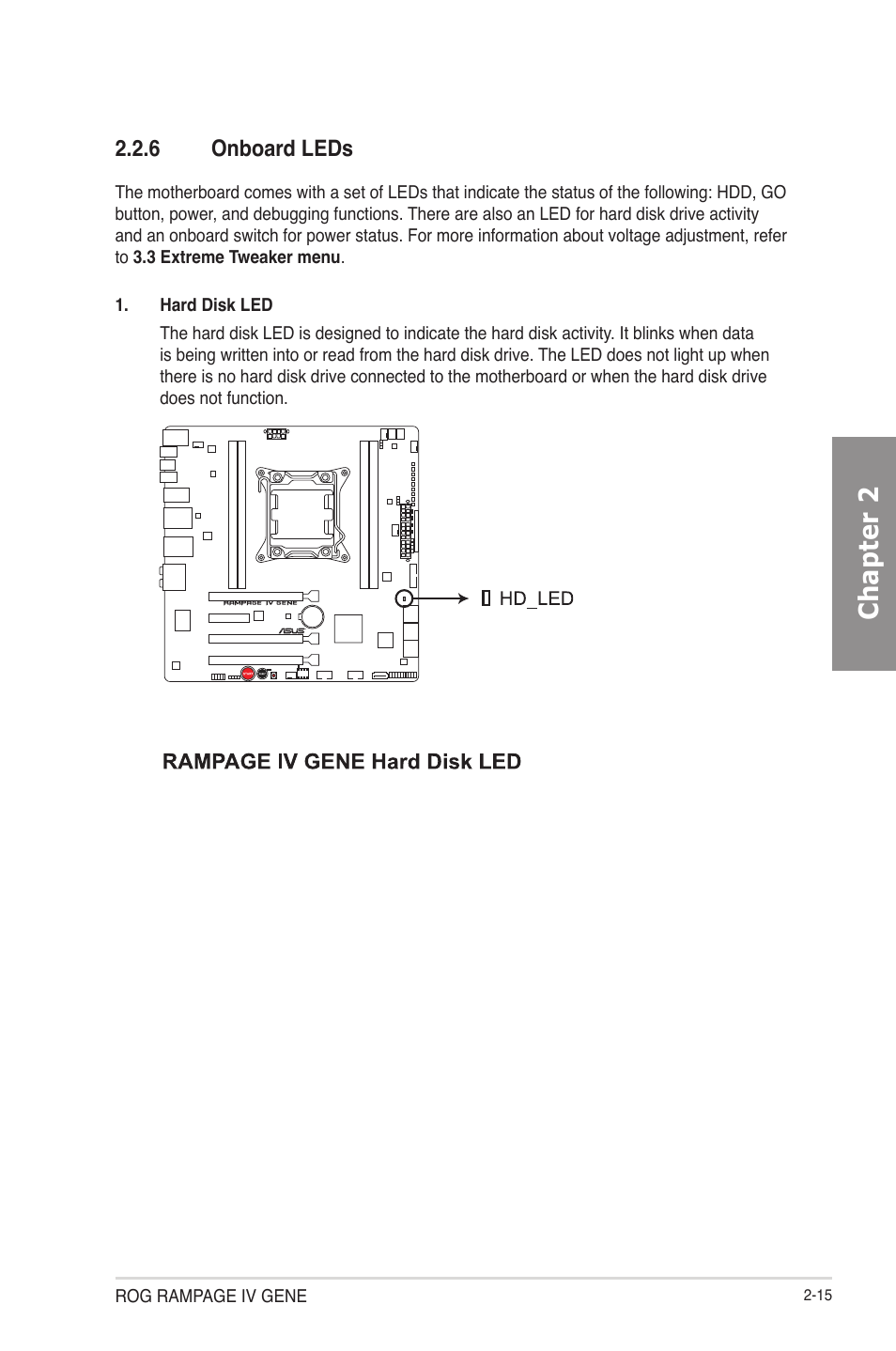 Onboard leds -15, Chapter 2, 6 onboard leds | Asus RAMPAGE IV GENE User Manual | Page 41 / 172