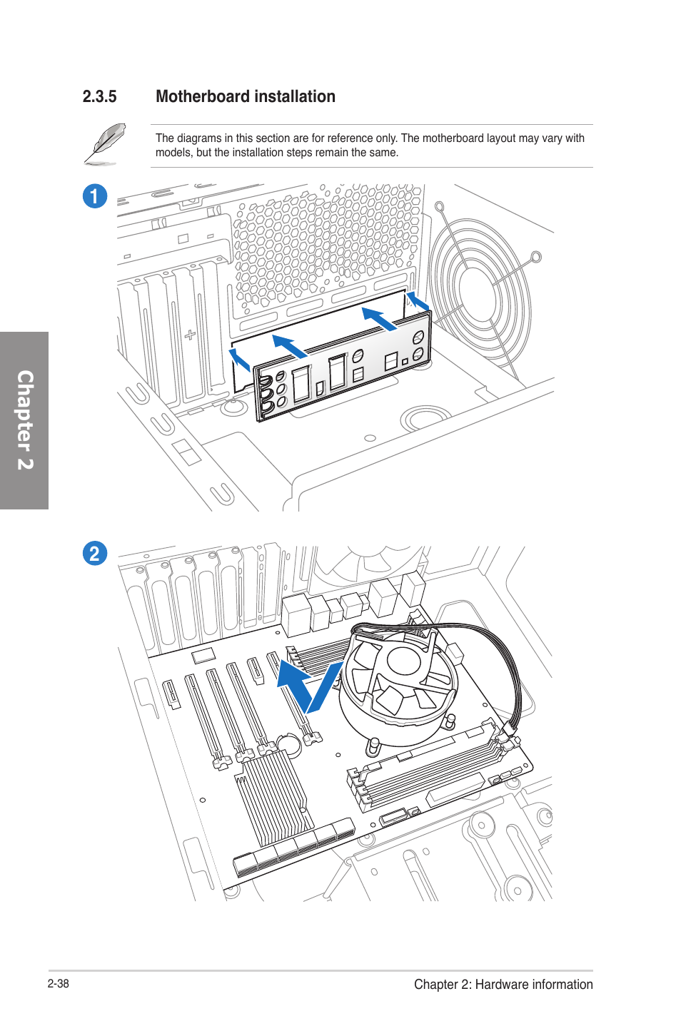 Motherboard installation -38, Chapter 2 | Asus RAMPAGE IV GENE User Manual | Page 64 / 172