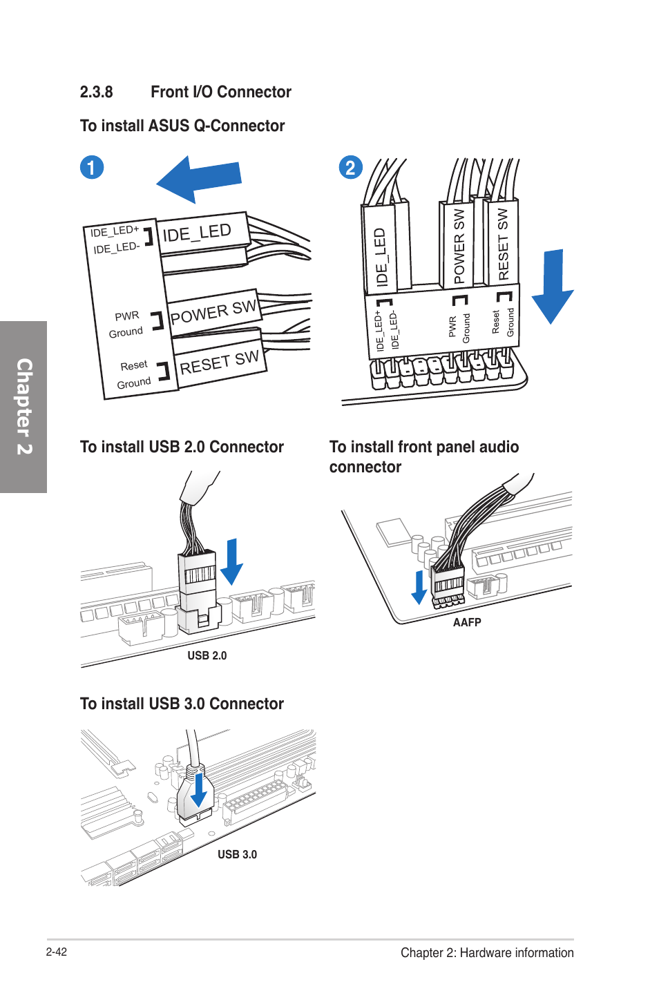 Front i/o connector -42, Chapter 2, 8 front i/o connector ide_led | Asus RAMPAGE IV GENE User Manual | Page 68 / 172