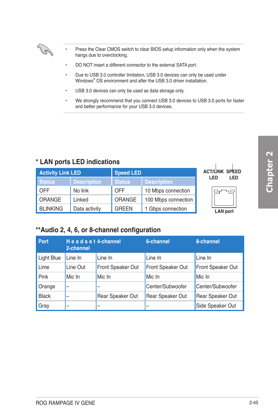 Chapter 2, Lan ports led indications, Audio 2, 4, 6, or 8-channel configuration | Asus RAMPAGE IV GENE User Manual | Page 71 / 172