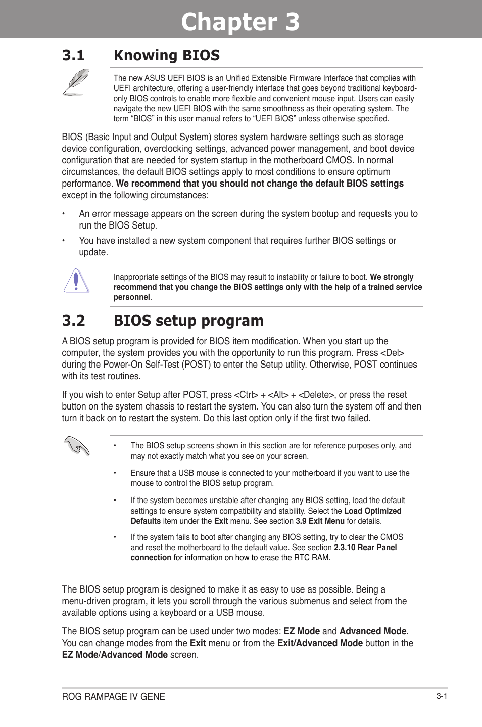 Chapter 3, Bios setup, Knowing bios -1 | Bios setup program -1, 1 knowing bios, 2 bios setup program | Asus RAMPAGE IV GENE User Manual | Page 75 / 172