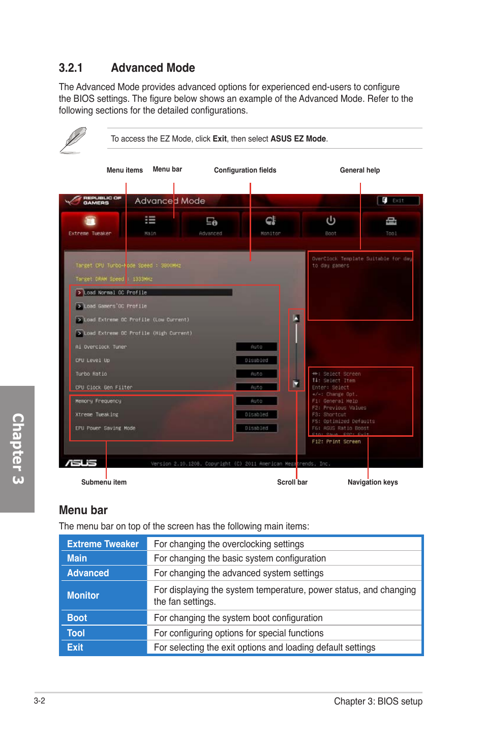 Advanced mode -2, Chapter 3, 1 advanced mode | Menu bar | Asus RAMPAGE IV GENE User Manual | Page 76 / 172