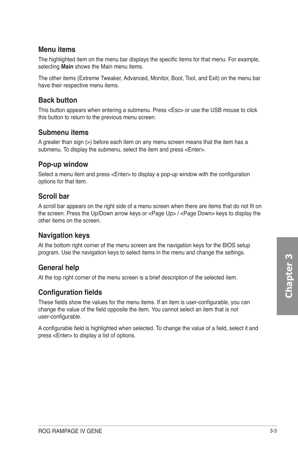 Chapter 3, Menu items, Back button | Submenu items, Pop-up window, Scroll bar, Navigation keys, General help, Configuration fields | Asus RAMPAGE IV GENE User Manual | Page 77 / 172