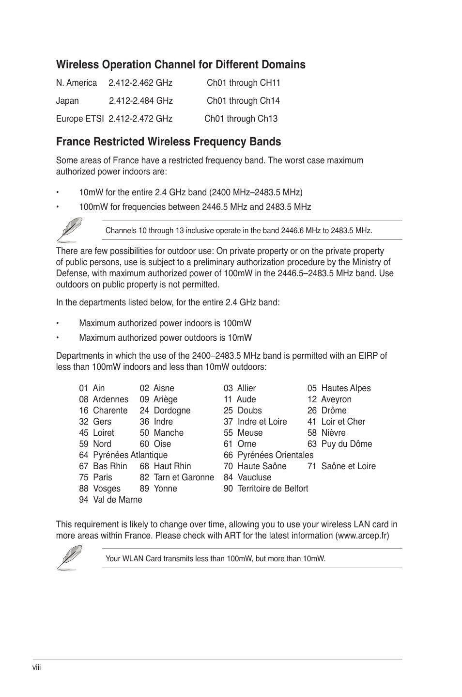 Wireless operation channel for different domains, France restricted wireless frequency bands | Asus RAMPAGE IV GENE User Manual | Page 8 / 172