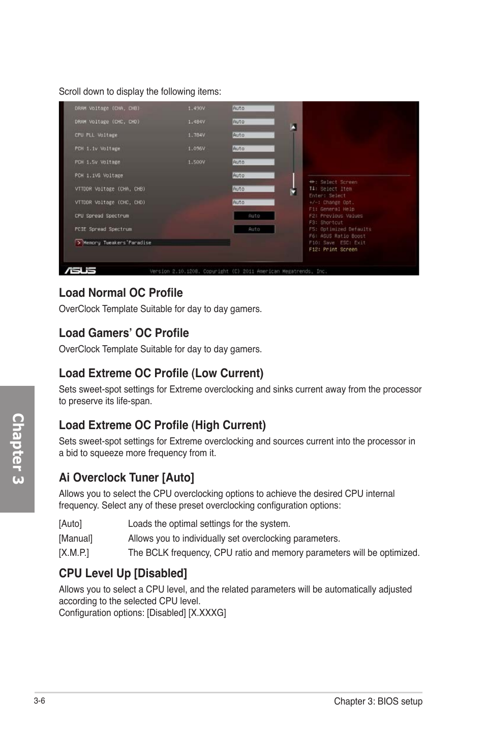 Chapter 3, Load normal oc profile, Load gamers’ oc profile | Load extreme oc profile (low current), Load extreme oc profile (high current), Ai overclock tuner [auto, Cpu level up [disabled | Asus RAMPAGE IV GENE User Manual | Page 80 / 172