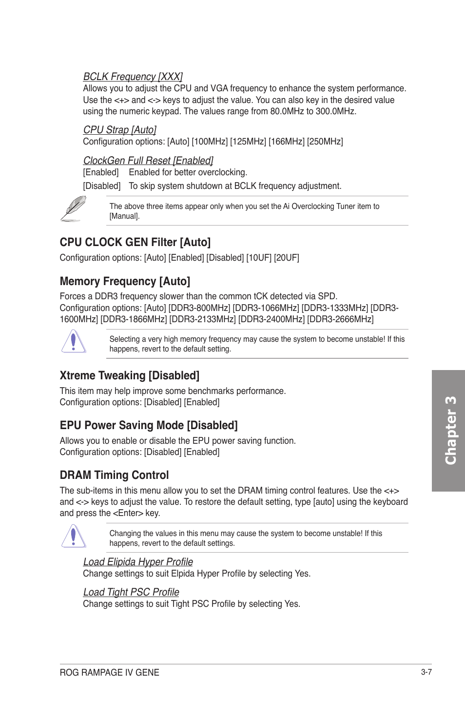 Chapter 3, Cpu clock gen filter [auto, Xtreme tweaking [disabled | Epu power saving mode [disabled, Dram timing control | Asus RAMPAGE IV GENE User Manual | Page 81 / 172