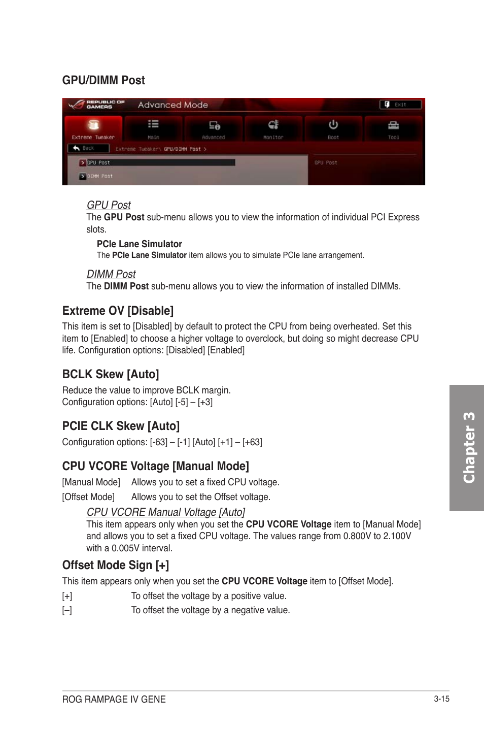 Chapter 3, Extreme ov [disable, Bclk skew [auto | Pcie clk skew [auto, Cpu vcore voltage [manual mode, Offset mode sign, Gpu/dimm post | Asus RAMPAGE IV GENE User Manual | Page 89 / 172