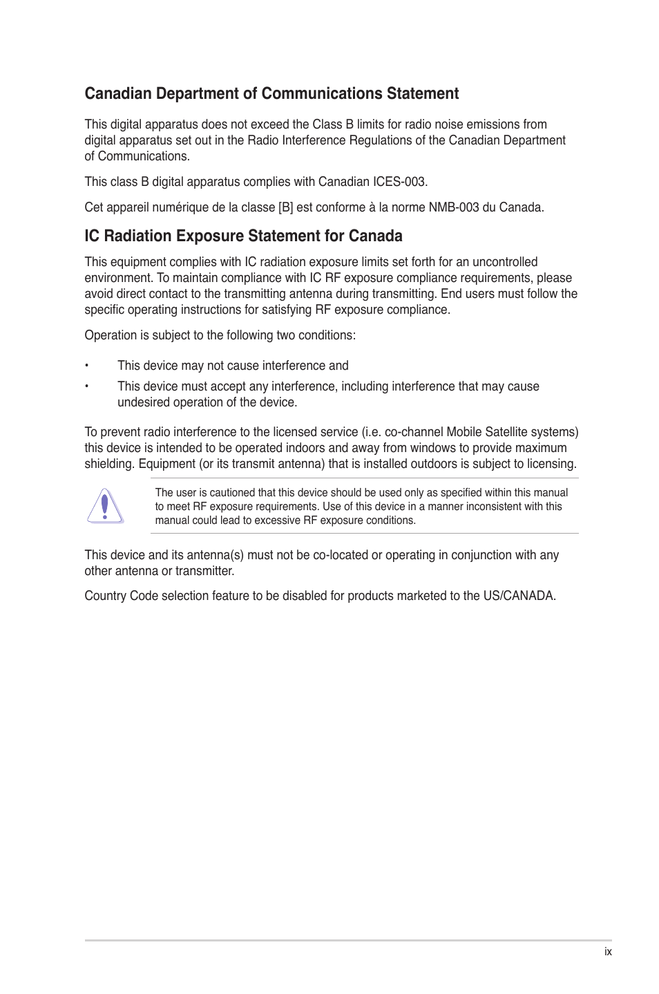 Canadian department of communications statement, Ic radiation exposure statement for canada | Asus RAMPAGE IV GENE User Manual | Page 9 / 172