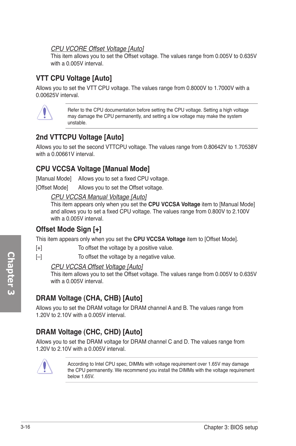 Chapter 3, Vtt cpu voltage [auto, 2nd vttcpu voltage [auto | Cpu vccsa voltage [manual mode, Offset mode sign, Dram voltage (cha, chb) [auto, Dram voltage (chc, chd) [auto | Asus RAMPAGE IV GENE User Manual | Page 90 / 172