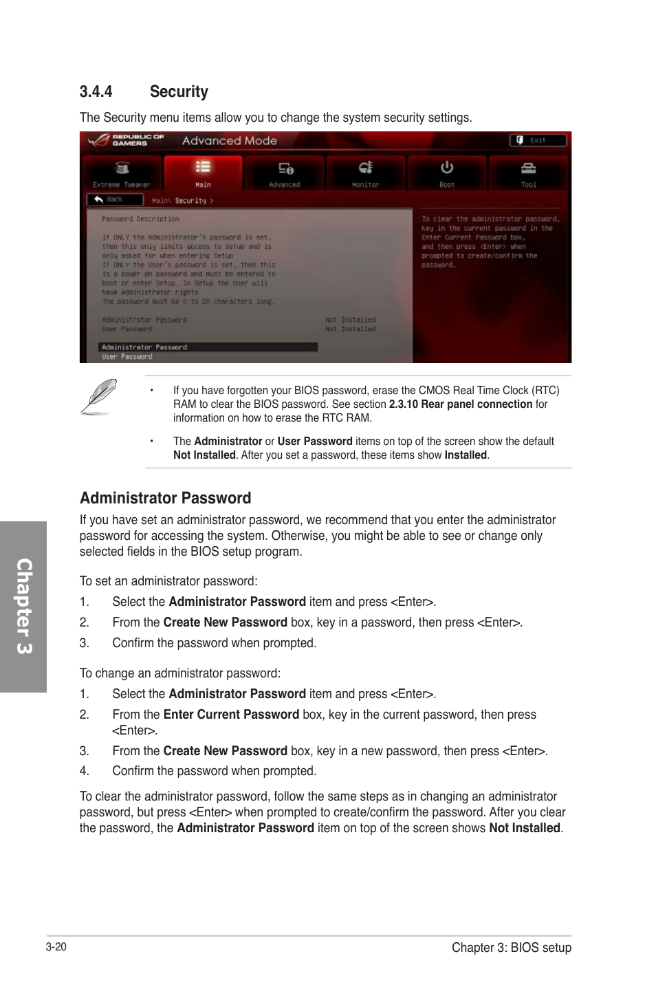 Security -20, Chapter 3, 4 security | Administrator password | Asus RAMPAGE IV GENE User Manual | Page 94 / 172