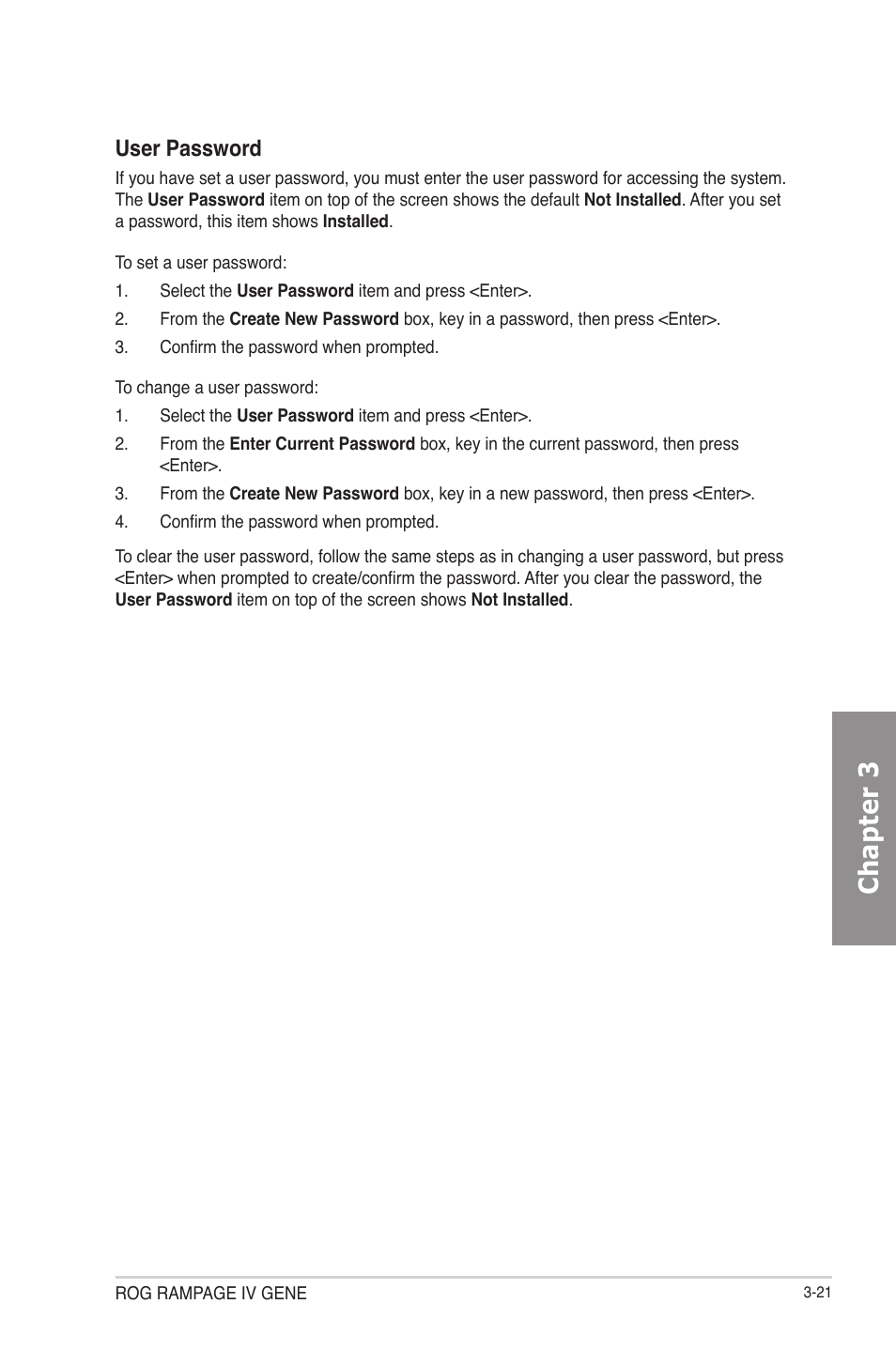 Chapter 3, User password | Asus RAMPAGE IV GENE User Manual | Page 95 / 172