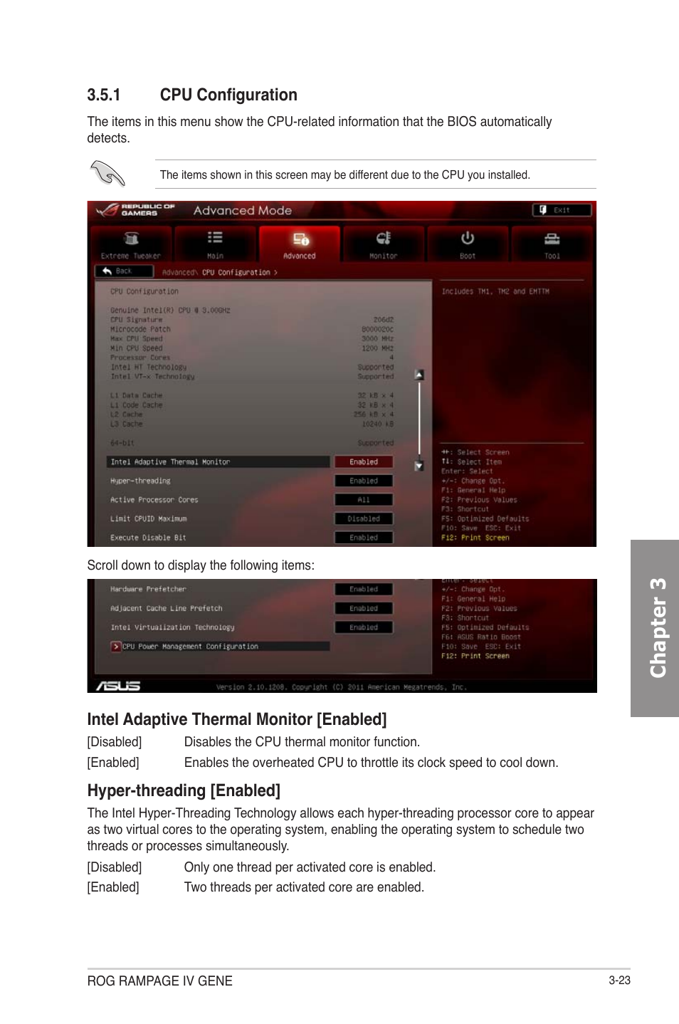 Cpu configuration -23, Chapter 3, 1 cpu configuration | Intel adaptive thermal monitor [enabled, Hyper-threading [enabled | Asus RAMPAGE IV GENE User Manual | Page 97 / 172