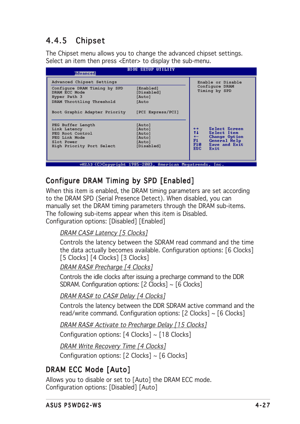 5 chipset chipset chipset chipset chipset, Configure dram timing by spd [enabled, Dram ecc mode [auto | Asus P5WDG2-WS User Manual | Page 101 / 160