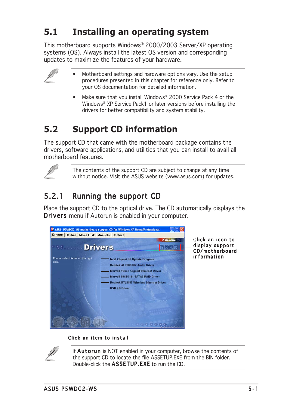 1 installing an operating system, 2 support cd information | Asus P5WDG2-WS User Manual | Page 119 / 160