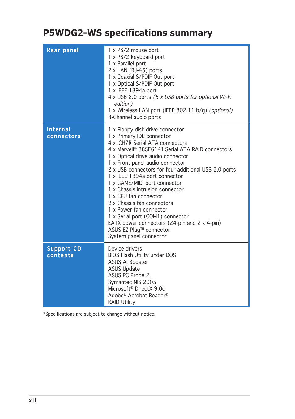 P5wdg2-ws specifications summary | Asus P5WDG2-WS User Manual | Page 12 / 160