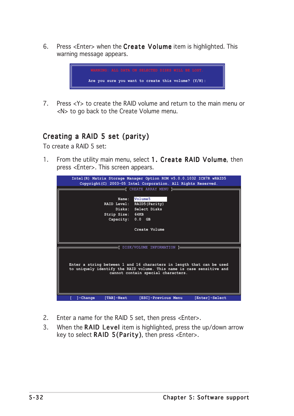 Creating a raid 5 set (parity) | Asus P5WDG2-WS User Manual | Page 148 / 160