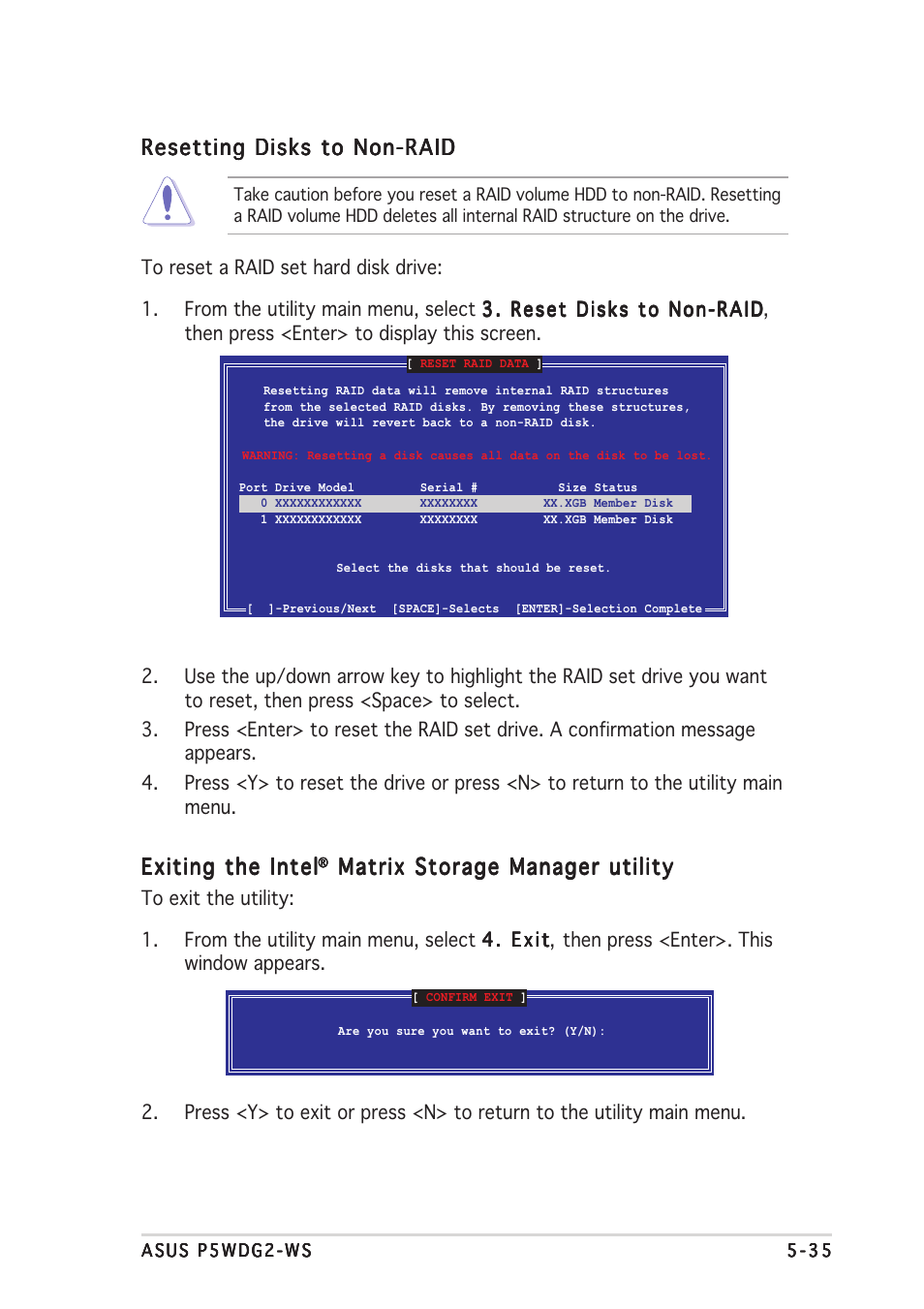 Exiting the intel, Matrix storage manager utility, Resetting disks to non-raid | Asus P5WDG2-WS User Manual | Page 151 / 160