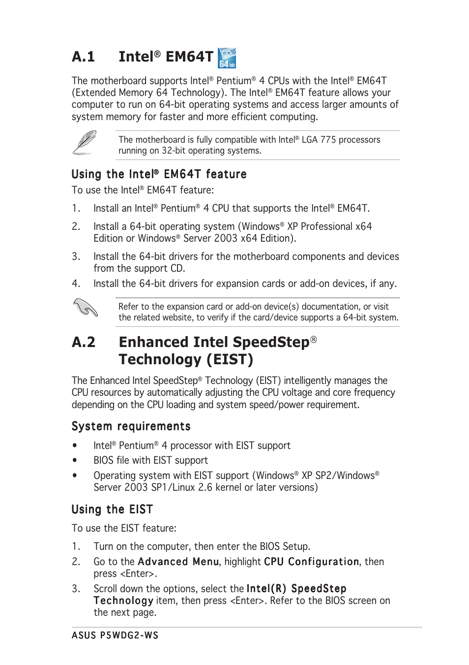 A.1 intel, Em64t, A.2 enhanced intel speedstep | Technology (eist) | Asus P5WDG2-WS User Manual | Page 157 / 160