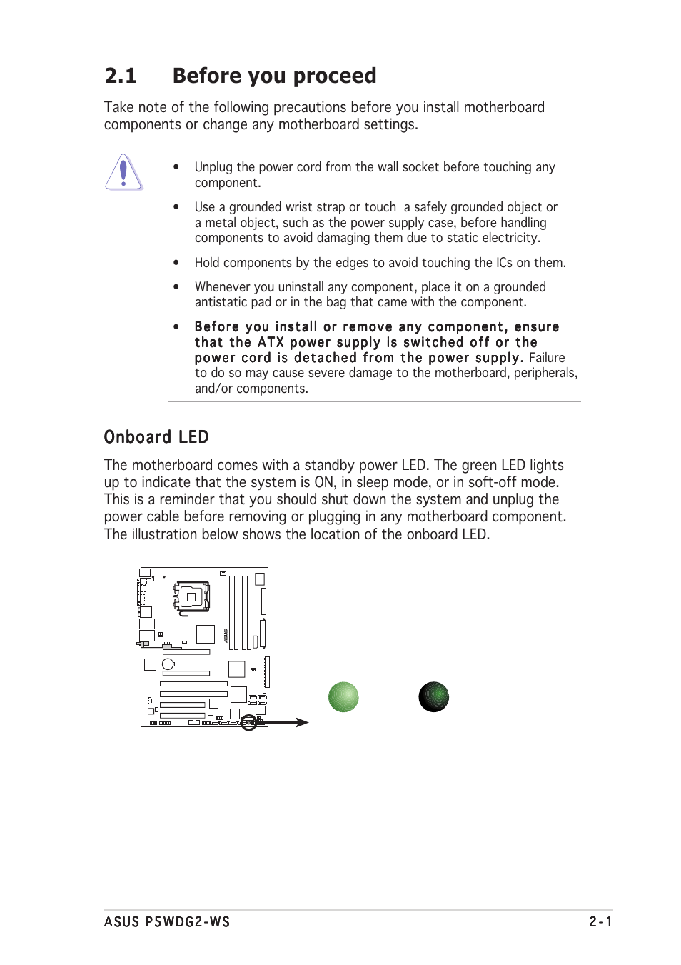 1 before you proceed, Onboard led | Asus P5WDG2-WS User Manual | Page 25 / 160