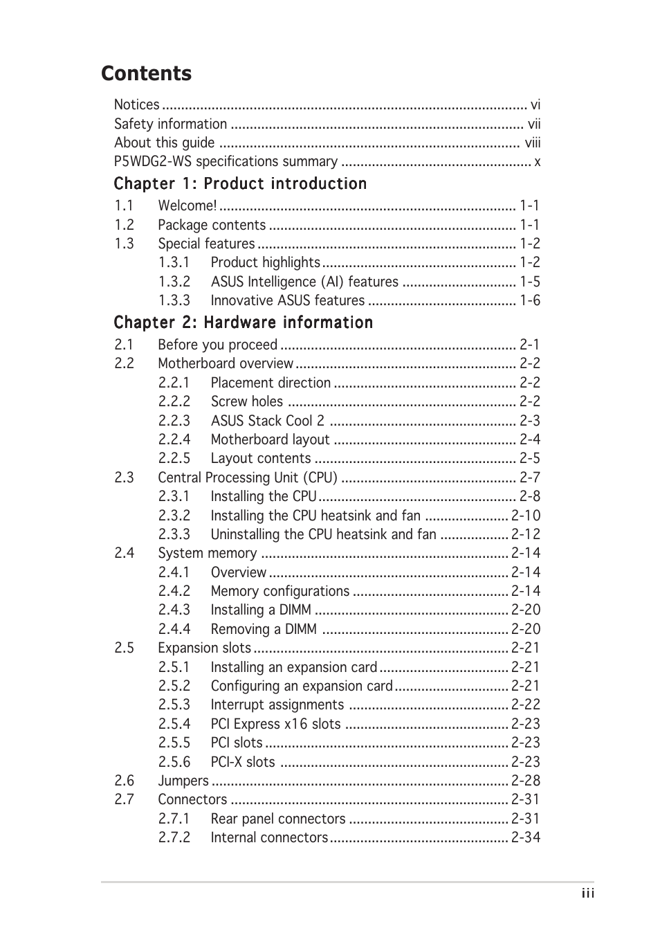 Asus P5WDG2-WS User Manual | Page 3 / 160