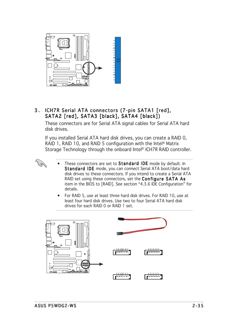 Ich7r raid controller, P5wdg2-ws ide connector, Pri_ide | P5wdg2-ws sata connectors | Asus P5WDG2-WS User Manual | Page 59 / 160