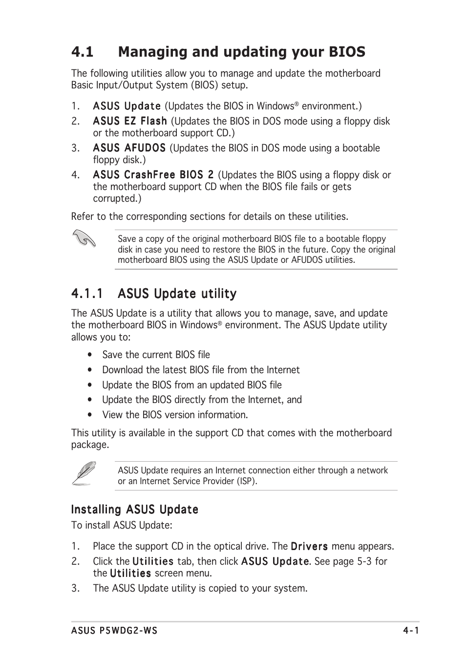 1 managing and updating your bios | Asus P5WDG2-WS User Manual | Page 75 / 160