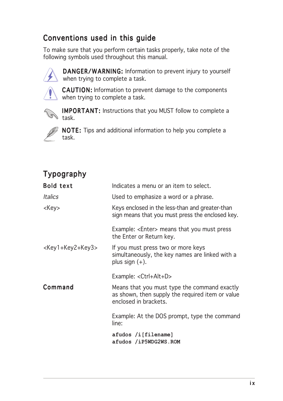 Conventions used in this guide, Typography | Asus P5WDG2-WS User Manual | Page 9 / 160
