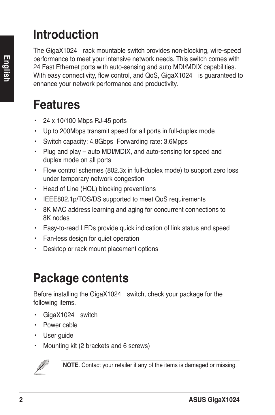 Introduction, Features, Package contents | Asus GigaX1024X User Manual | Page 3 / 41