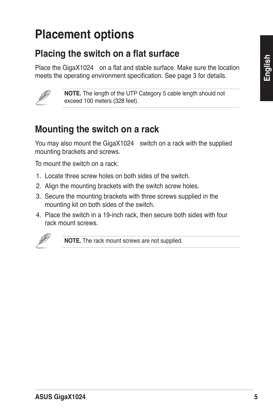 Placement options, Placing the switch on a ﬂat surface, Mounting the switch on a rack | Asus GigaX1024X User Manual | Page 6 / 41