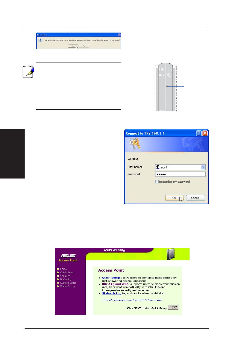 Chapter 3 - software configuration, User name and password, Home page | Asus WL-300g User Manual | Page 22 / 77