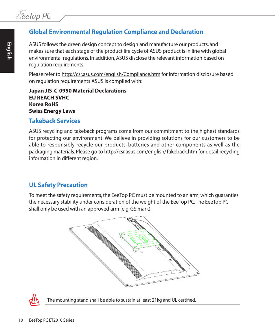 Takeback services, Ul safety precaution | Asus ET2010PNT User Manual | Page 10 / 38