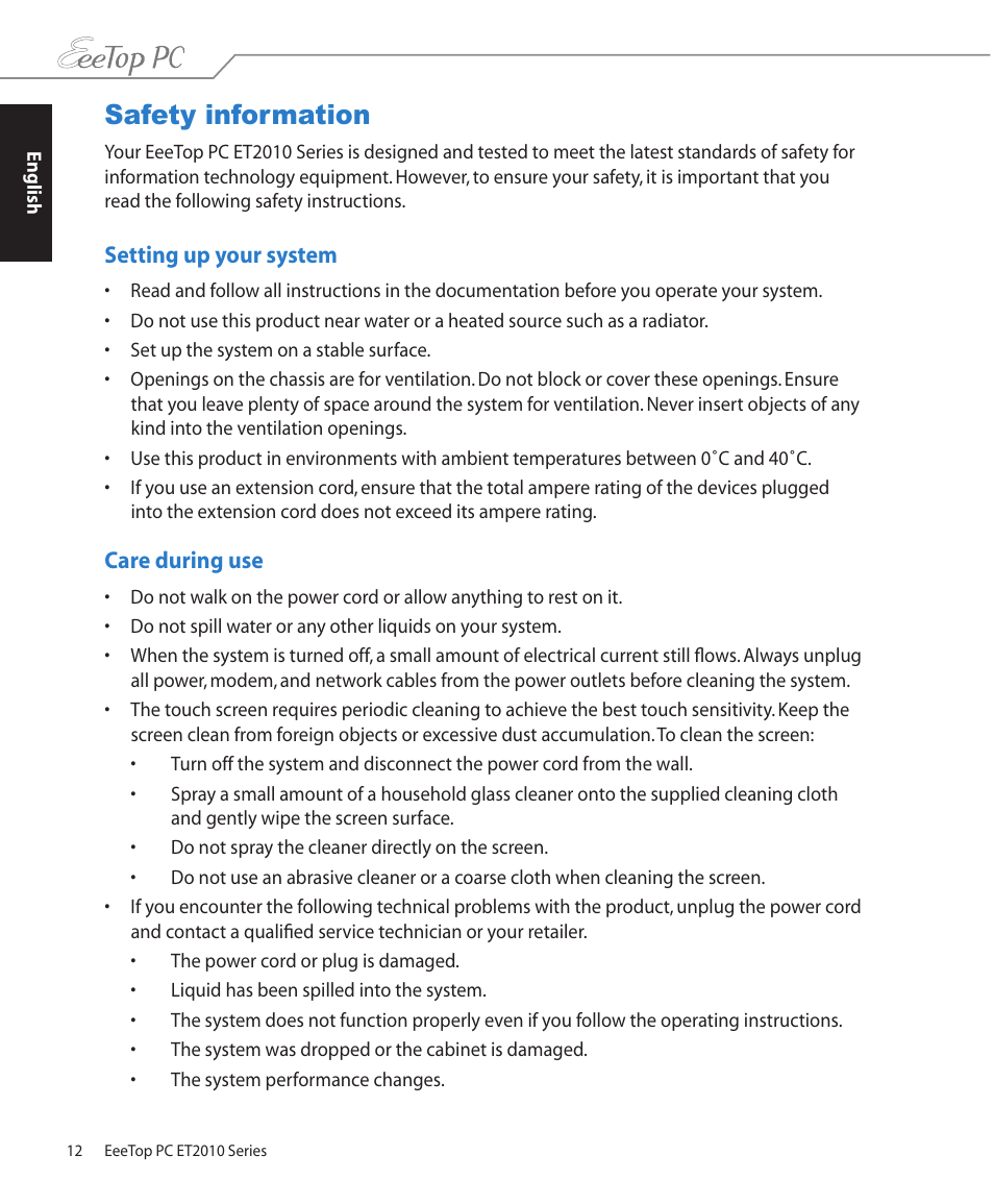 Safety information, Setting up your system, Care during use | Setting up your system care during use | Asus ET2010PNT User Manual | Page 12 / 38