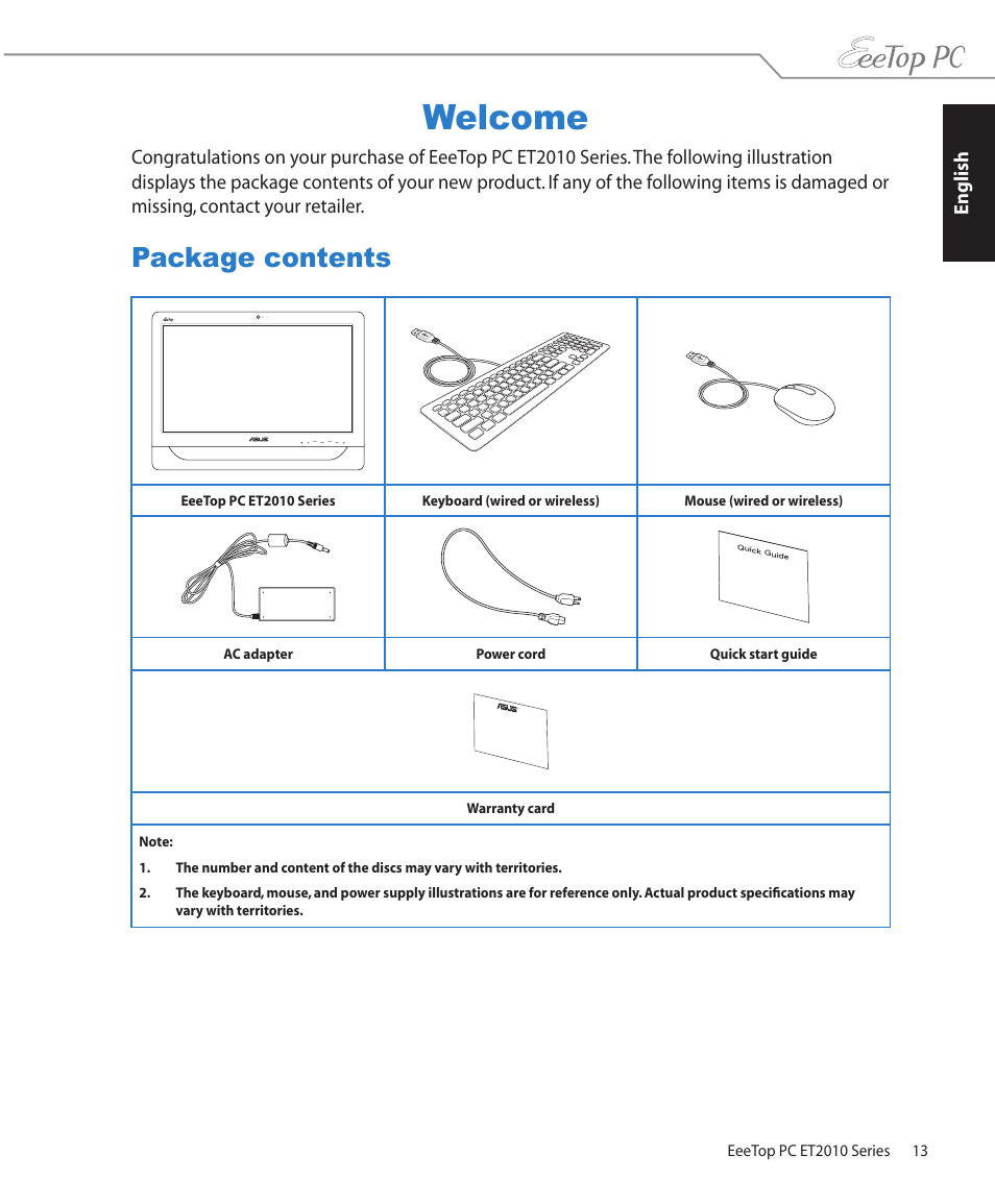 Welcome, Package contents | Asus ET2010PNT User Manual | Page 13 / 38