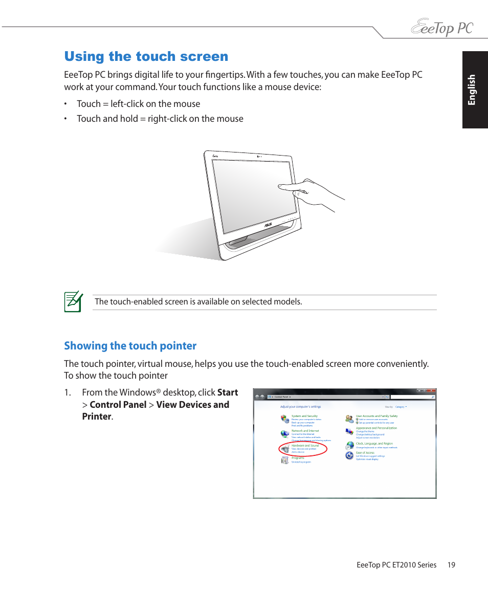 Using the touch screen, Showing the touch pointer | Asus ET2010PNT User Manual | Page 19 / 38