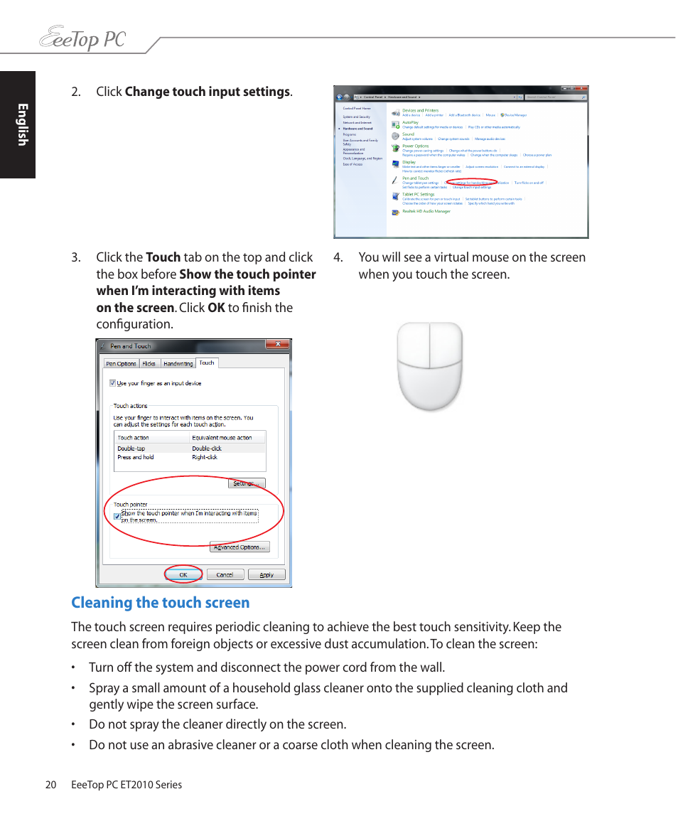 Cleaning the touch screen | Asus ET2010PNT User Manual | Page 20 / 38