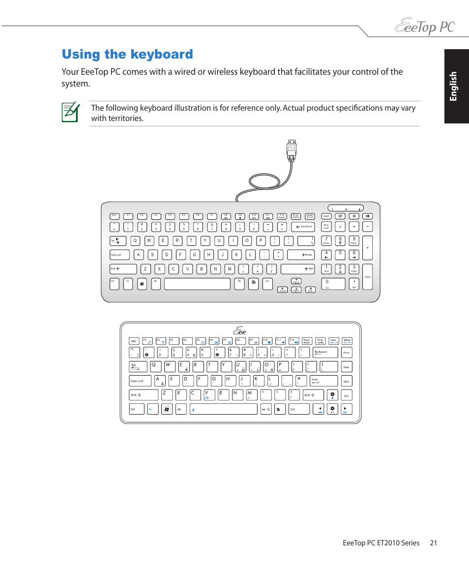 Using the keyboard, English | Asus ET2010PNT User Manual | Page 21 / 38