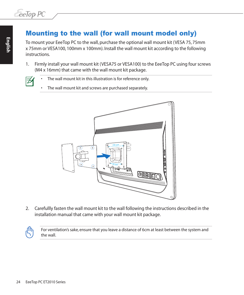 Mounting to the wall (for wall mount model only) | Asus ET2010PNT User Manual | Page 24 / 38