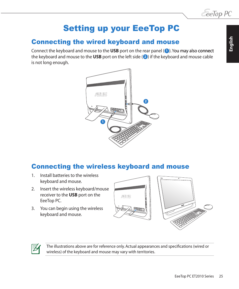 Setting up your eeetop pc, Connecting the wired keyboard and mouse, Connecting the wireless keyboard and mouse | Asus ET2010PNT User Manual | Page 25 / 38