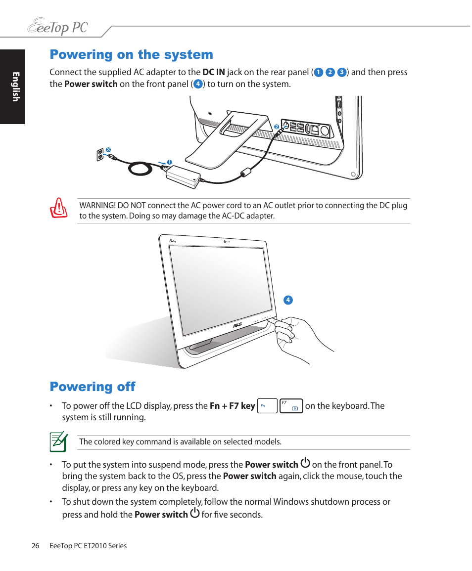 Powering on the system, Powering off, Powering on the system powering off | Asus ET2010PNT User Manual | Page 26 / 38