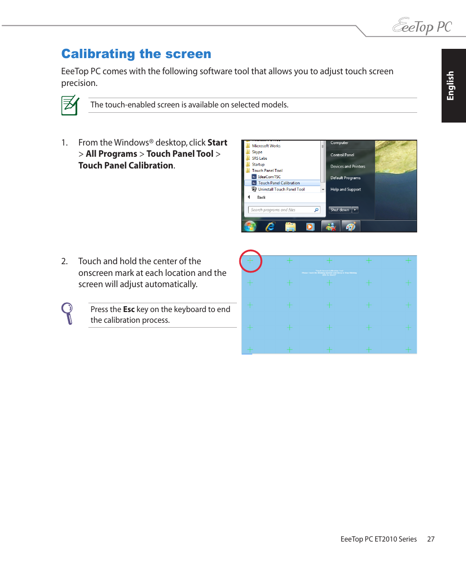 Calibrating the screen | Asus ET2010PNT User Manual | Page 27 / 38