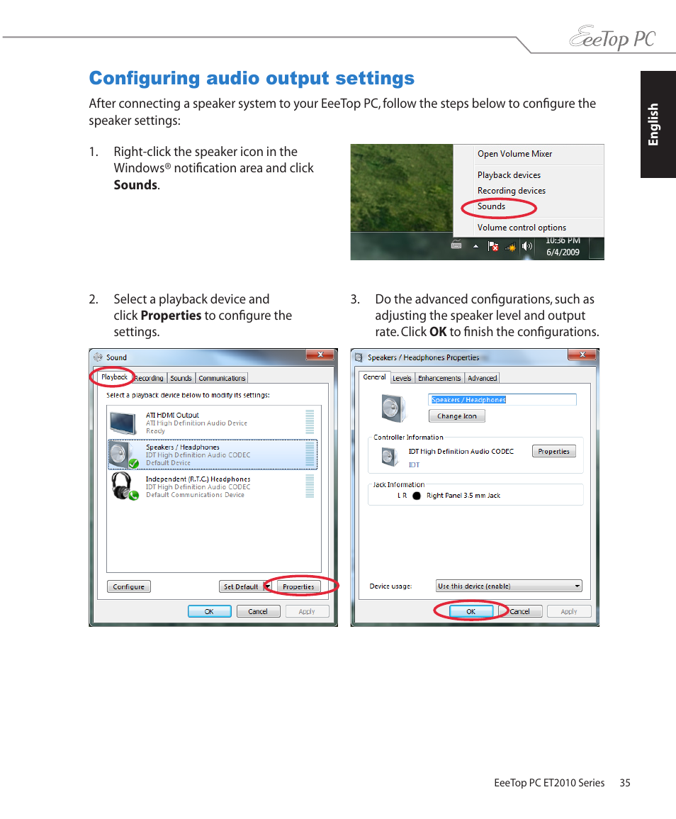 Configuring audio output settings | Asus ET2010PNT User Manual | Page 35 / 38