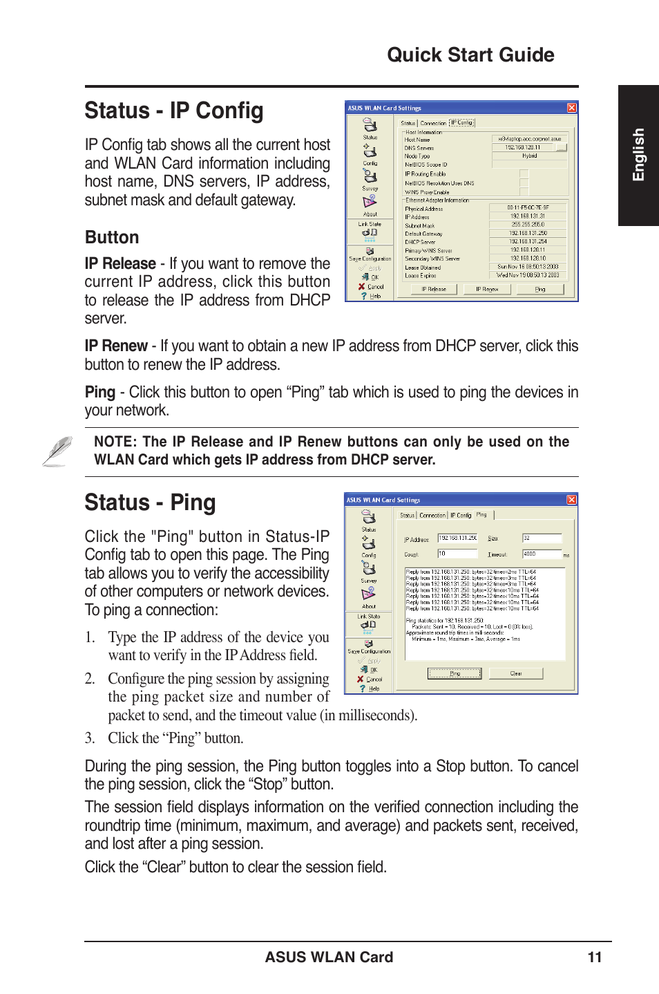 Status - ip config, Status - ping, Quick start guide | Asus WL-106gM User Manual | Page 12 / 106