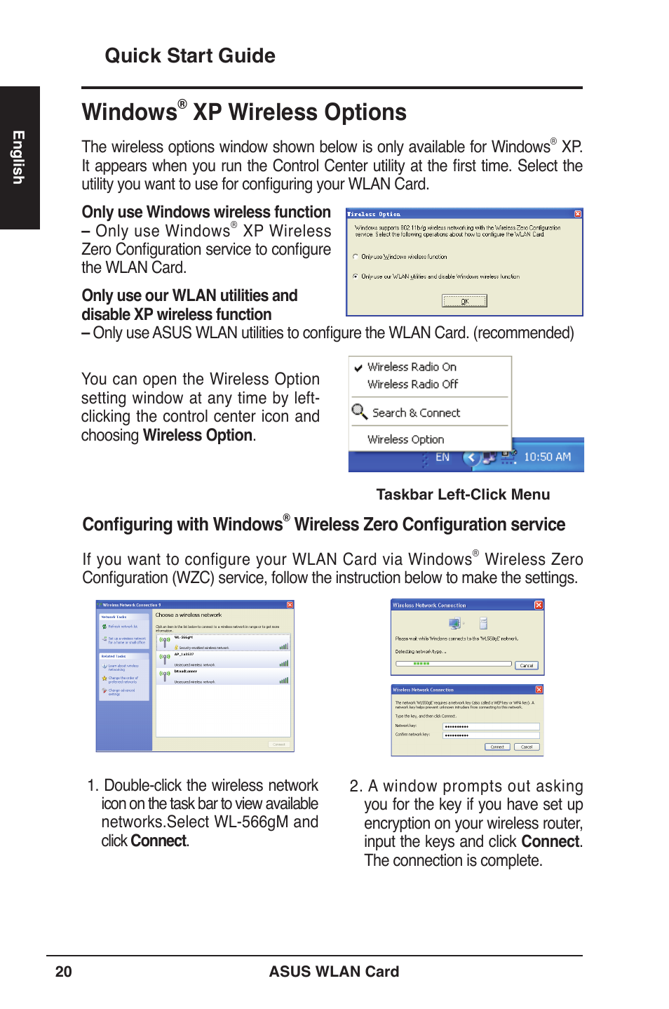 Windows, Xp wireless options, Quick start guide | Asus WL-106gM User Manual | Page 21 / 106