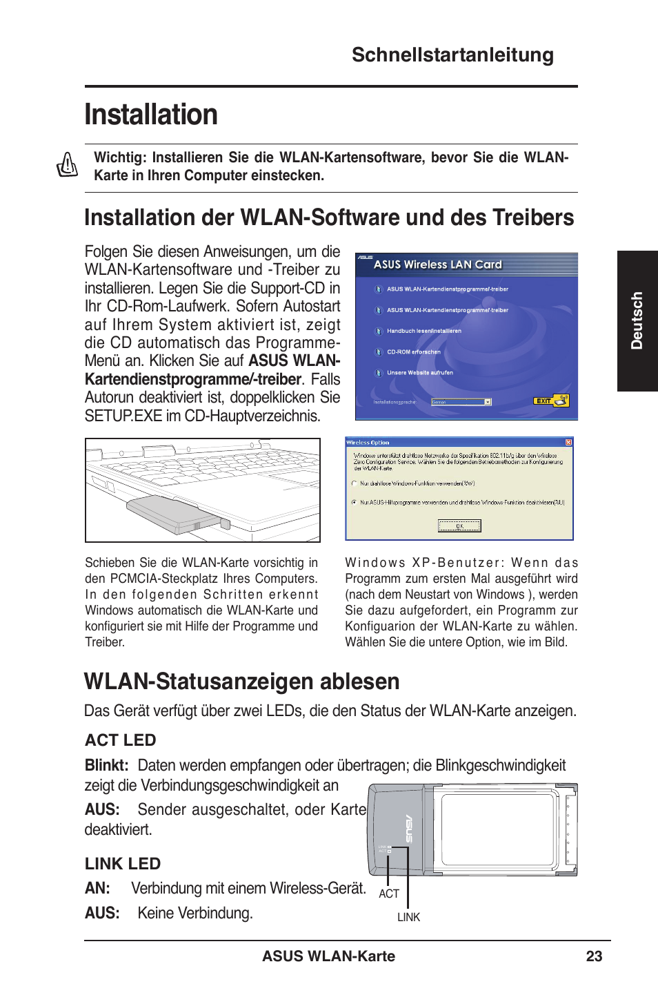 Installation, Installation der wlan-software und des treibers, Wlan-statusanzeigen ablesen | Schnellstartanleitung | Asus WL-106gM User Manual | Page 24 / 106