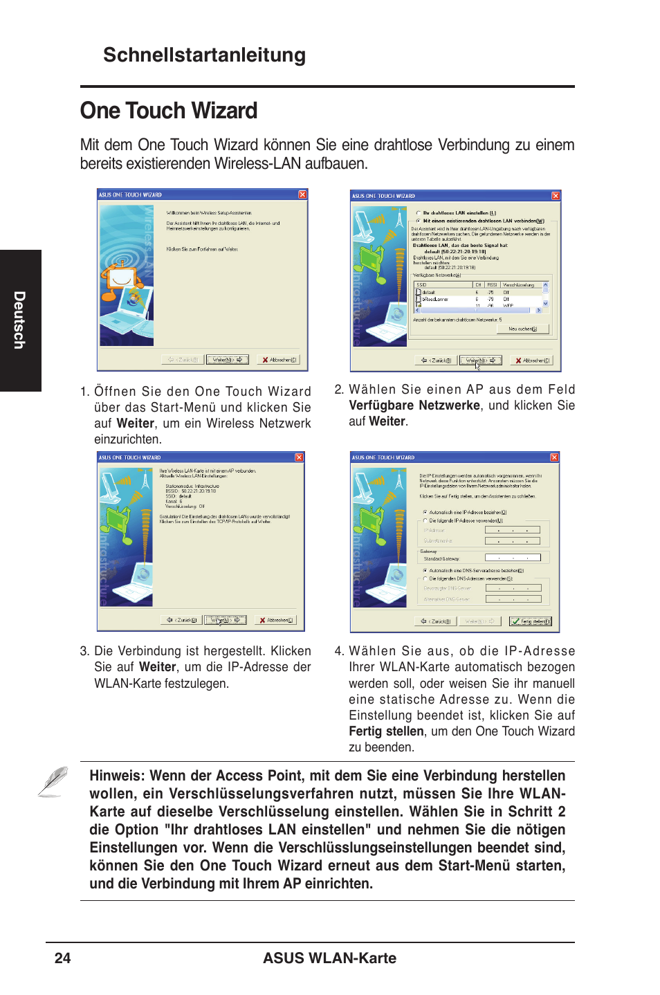 One touch wizard, Schnellstartanleitung | Asus WL-106gM User Manual | Page 25 / 106